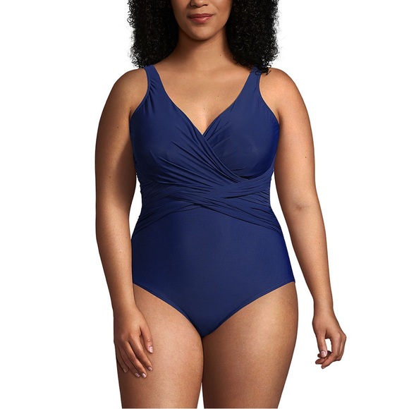 Lands’ End Women's Plus Size SlenderSuit Wrap One Piece Swimsuit - Picture 1 of 7